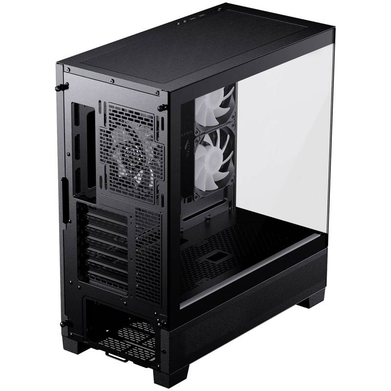 Black computer case with a transparent side window, two built-in fans, and multiple expansion slots on the rear.