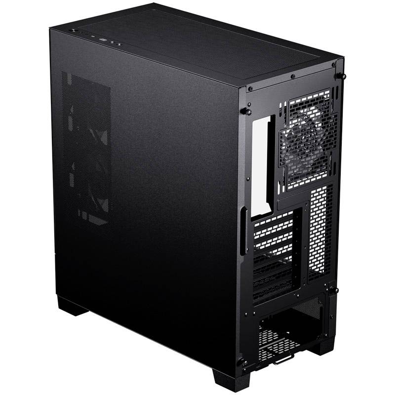 A black PC case with a side-mounted fan, suitable for computer components. Rear view shows an open ventilation design.