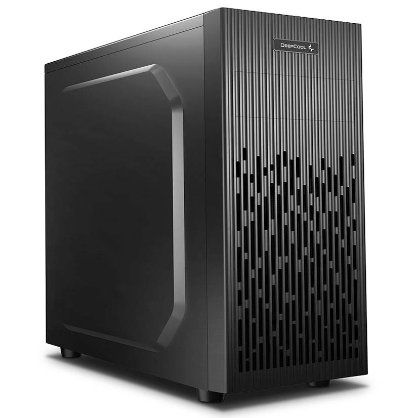 Black computer case by DeepCool with vertical ventilation slots on the front. Minimalist design, modern aesthetic.