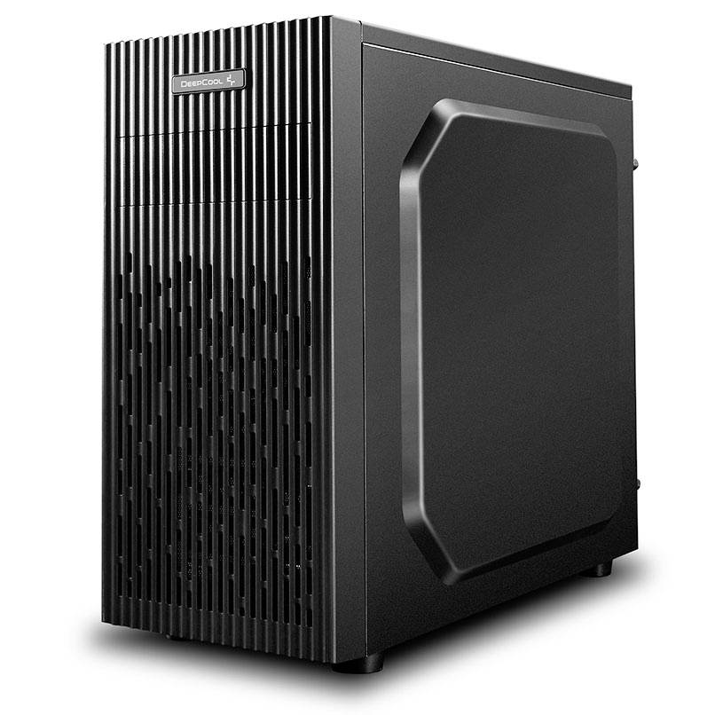 Black computer case with vertical ventilation slots at the front and a slightly curved side panel, suitable for PC construction.