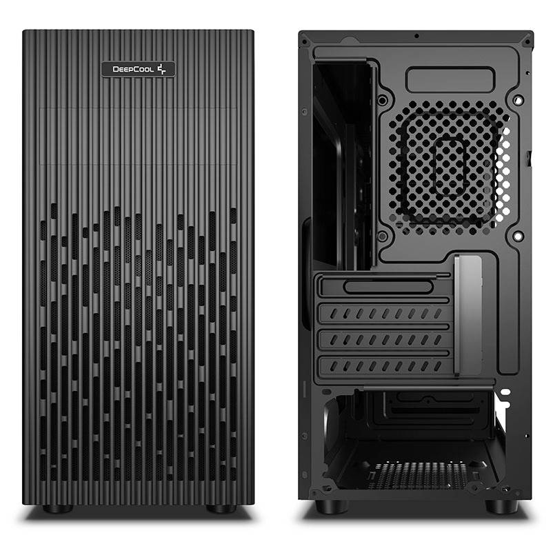 'Two black computer cases from front and back. Left with vertical ribbed pattern, right with open ventilation slots and mounting brackets.'