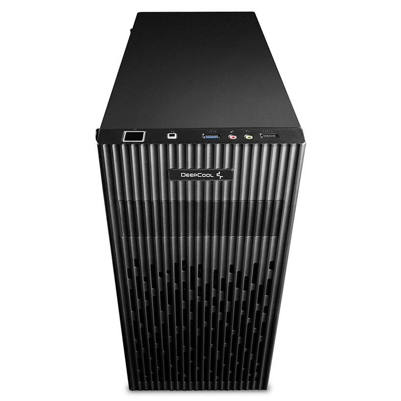 A black computer case with ventilation grilles on the front and ports on top, bearing the 'Deepcool' logo.