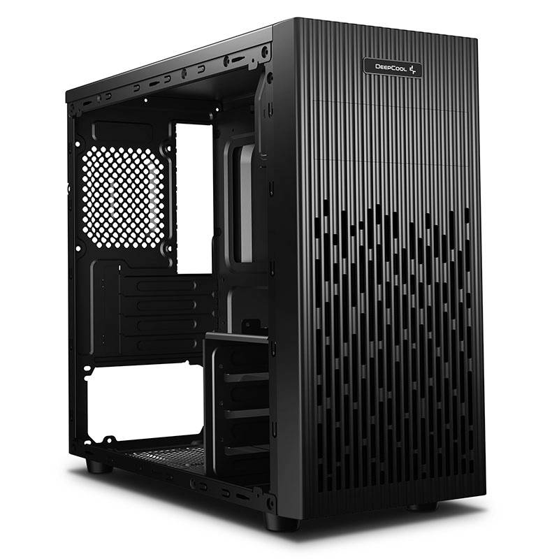Black computer case with side ventilation slots and an open design, suitable for DIY PC building.