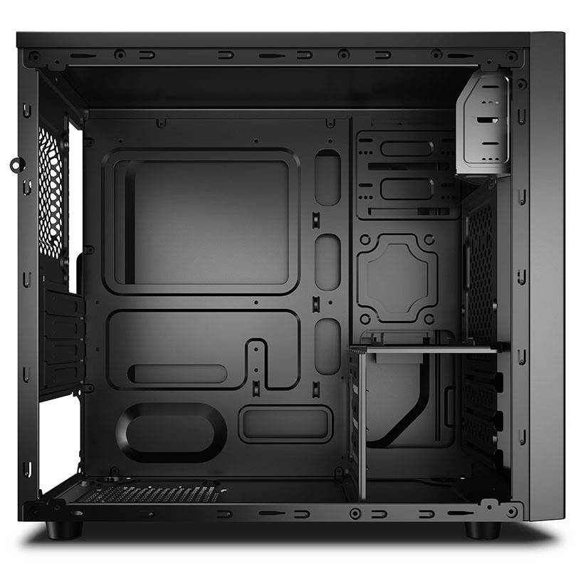 Black computer case, interior visible. Provides space for components such as motherboard and hard drives with ventilation slots.