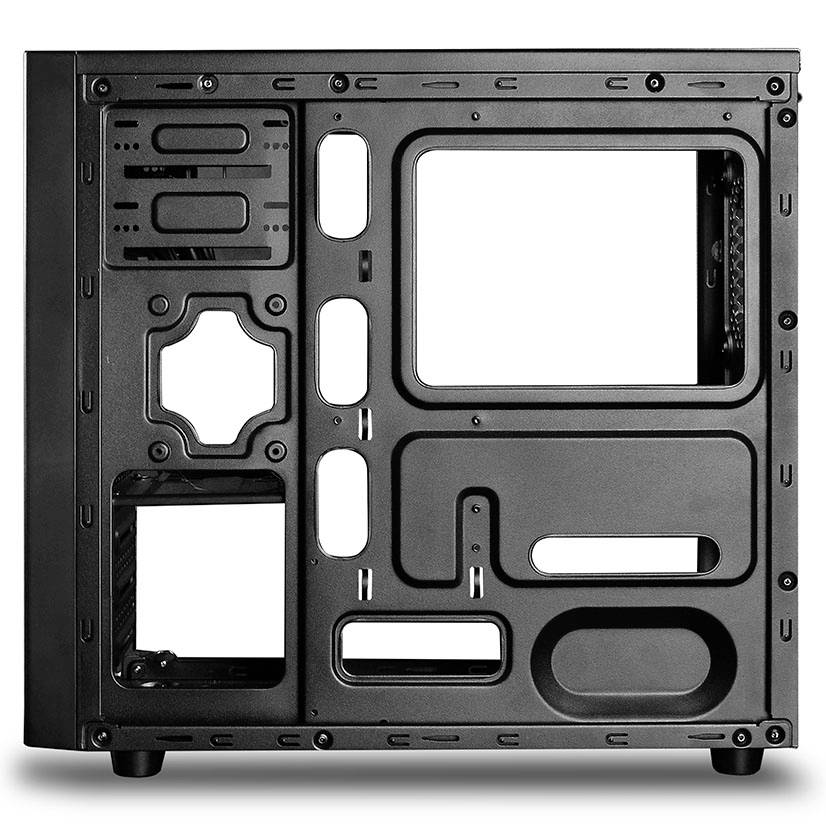 Black PC case from the inside, showing mounting brackets for hardware components; no installed parts visible.