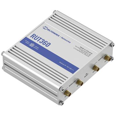 Metallic, rectangular modem with 'RUT360' inscription, four ports and ventilation slots. Manufactured in Lithuania.