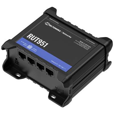 A black router with four Ethernet ports, brand name on the top surface. Model: RUT951, suitable for network applications.