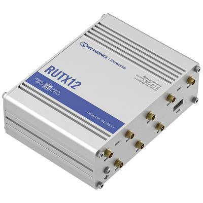 A silver router with multiple antenna ports and the inscription 'RUTX12'.
