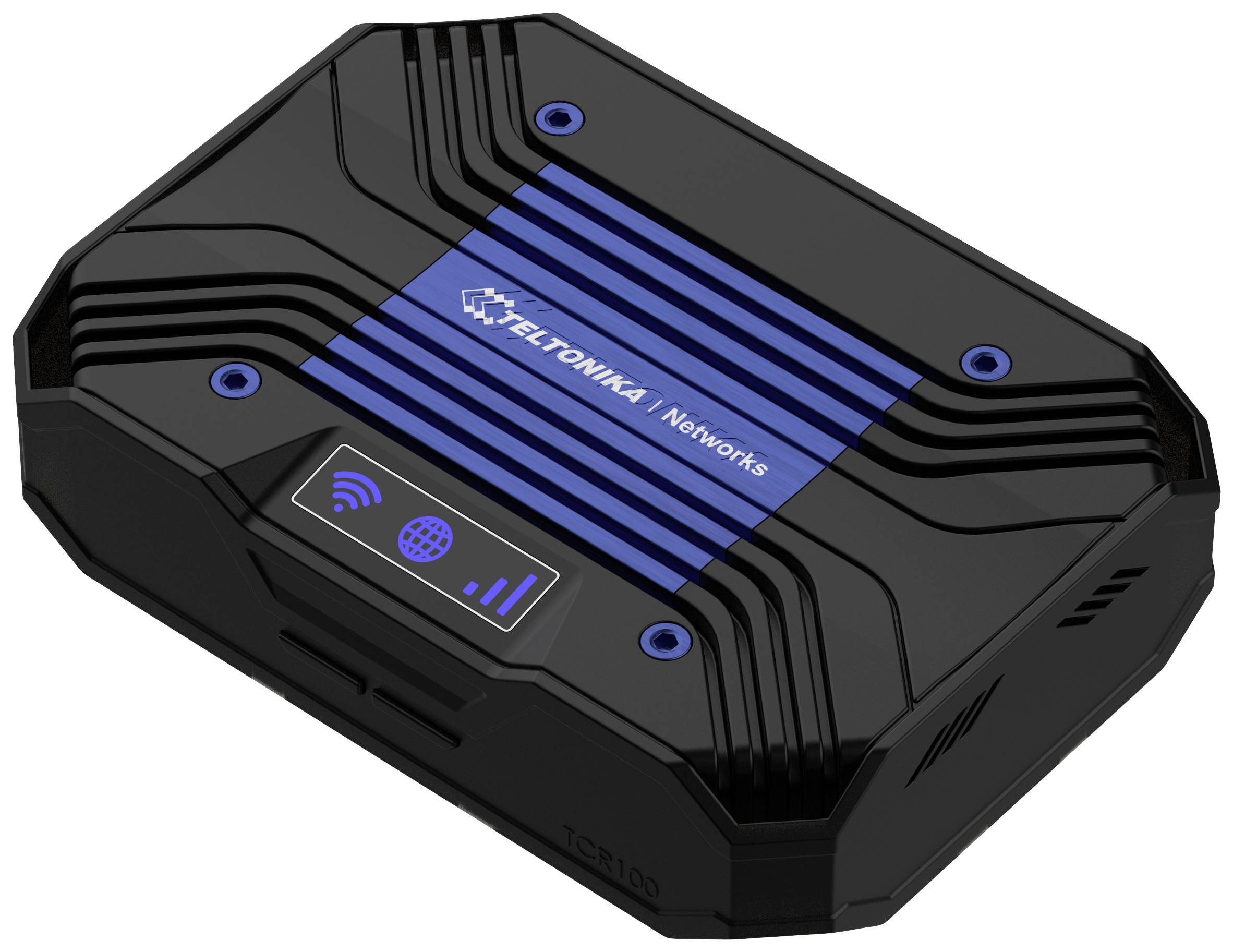 A black router with blue accents and the inscription 'Teltonika Networks' on the top surface.