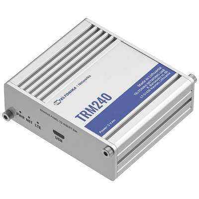 A silver network modem 'TRM240' by Teltonika with connections for power, LTE and USB. Made in Lithuania.