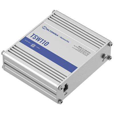 Industrial switch 'TSW110' by Teltonika Networks in a silver aluminium enclosure, suitable for professional network installations.