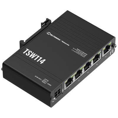 A black TSW114 network switch with five Ethernet ports, brand inscription 'TELTONIKA Networks' and model number.