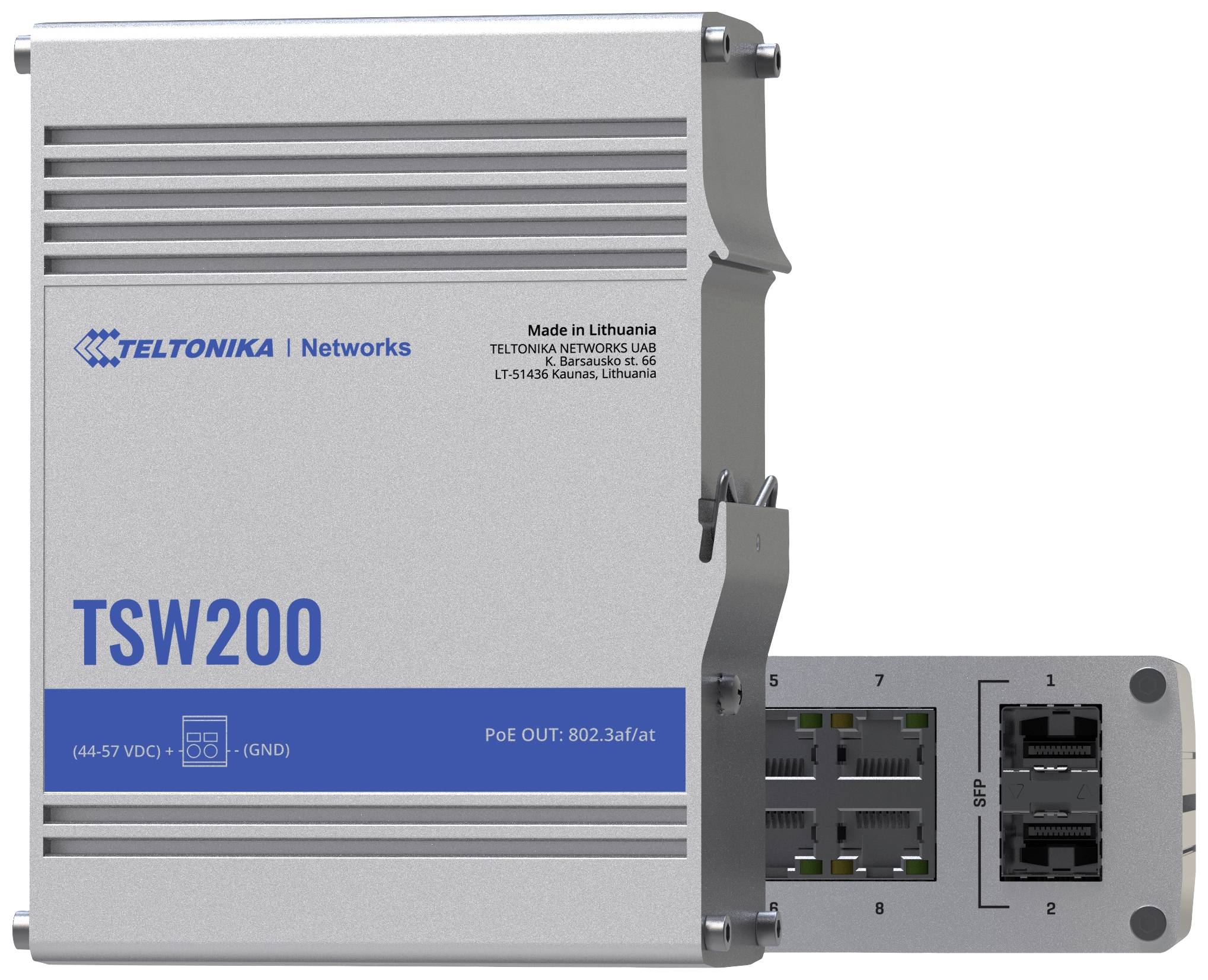 'TSW200' network switch by Teltonika with multiple Ethernet ports and PoE support. Text on device: 'Made in Lithuania'.