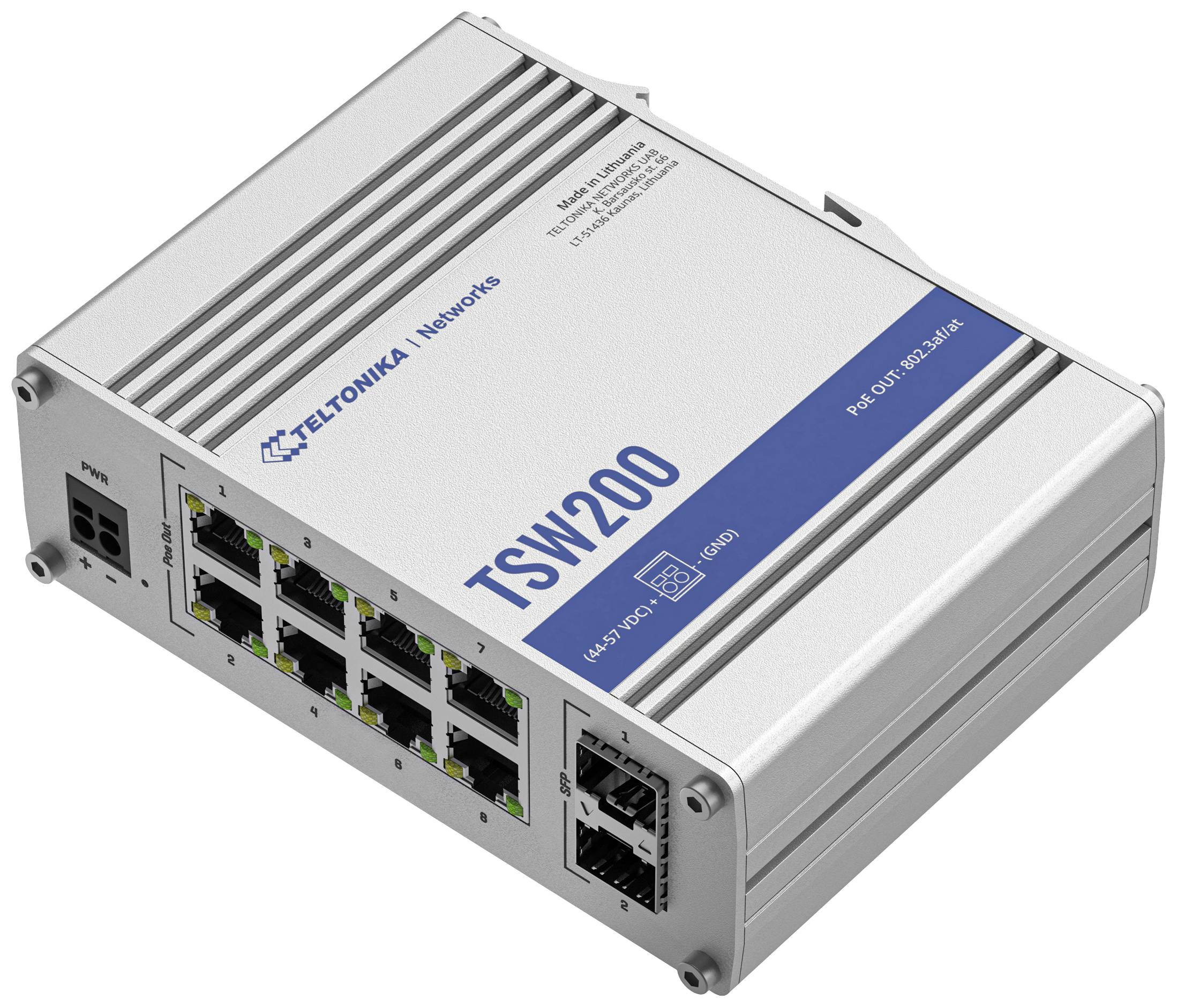 A grey-blue network switch 'TSW200' from Teltonika Networks with multiple Ethernet ports and a robust, metallic enclosure.