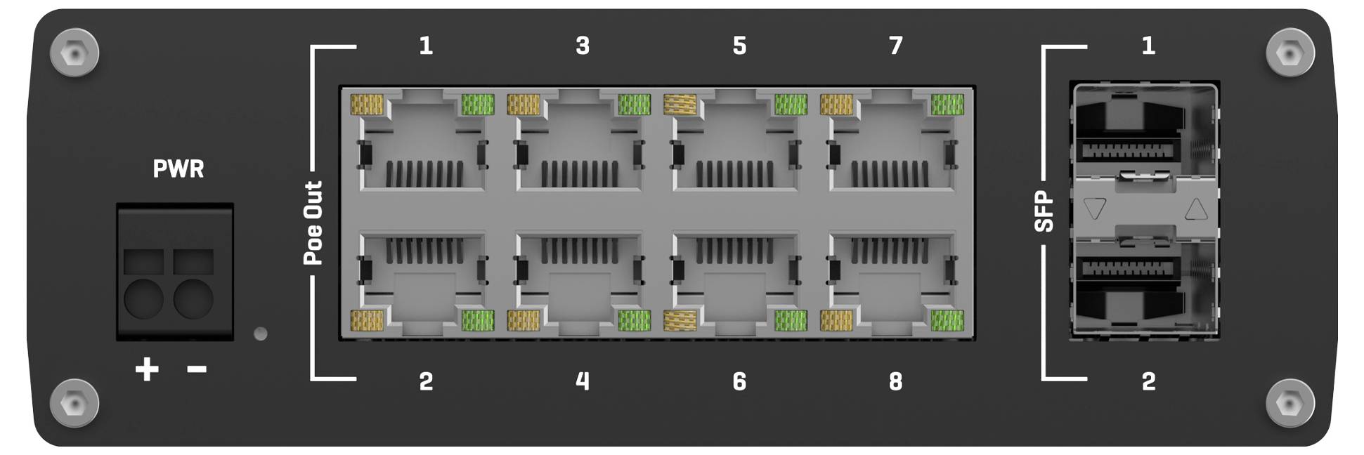 Front view of a network switch panel with power terminals, eight numbered Ethernet ports, and two SFP fiber slots on the right.