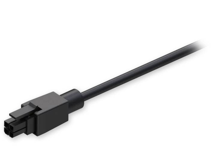 A black power cable with a rectangular plug at the end, suitable for computer or electronic connections.