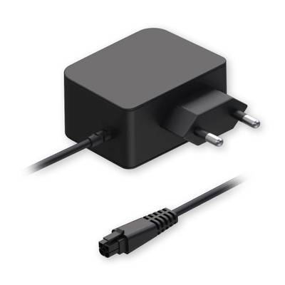 A black power supply with a plug and detachable cable. The plug has two round pins. Suitable for European power sockets.