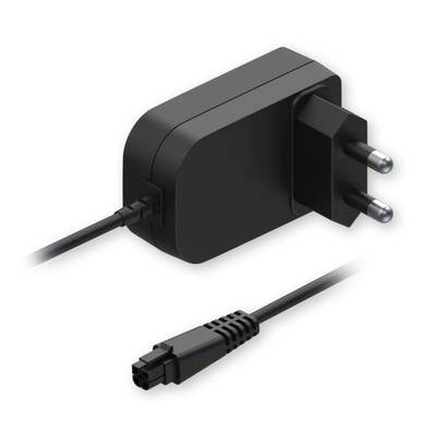 Black power supply with Europlug and detachable cable. Suitable for electronic devices, compatible with EU power sockets.
