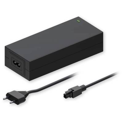 A black laptop power adapter with an EU plug and a connection cable. A green LED indicates the operational status.