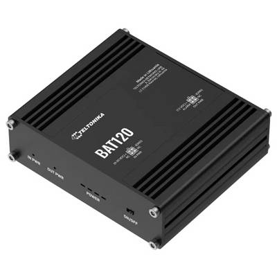 Teltonika BAT120 compact black backup battery unit with labeled power, input/output, and on/off ports.