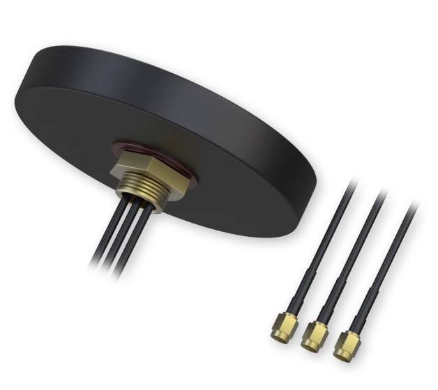 Round, black car antenna with three extending cables and gold-coloured connectors. Suitable for GPS and other signal applications.