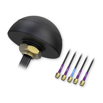 A black antenna mount next to five colour-coded cables with connectors, suitable for various networks.