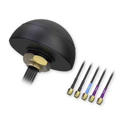 A spherical antenna device with cable outlet and five colour-coded cable connections, presented in a technical context.