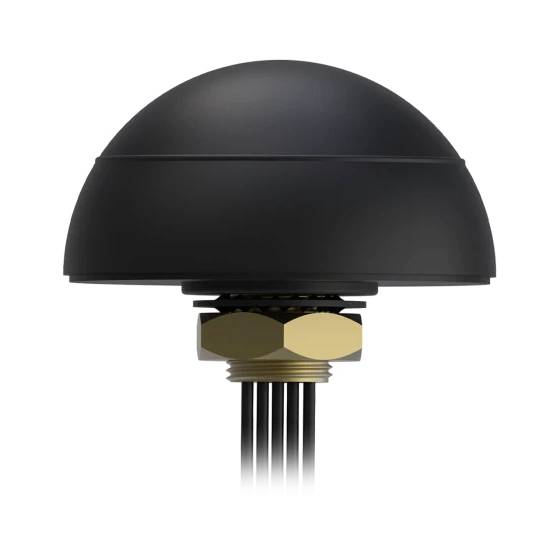 A black, dome-shaped antenna with multiple cables underneath, used for signal transmission or location tracking.