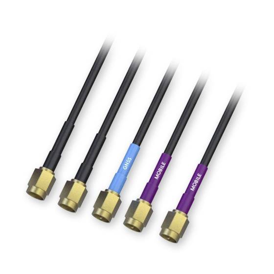 Five coaxial cables with coloured markings: black, blue, purple. Suitable for GNSS, mobile applications. Brass connectors.