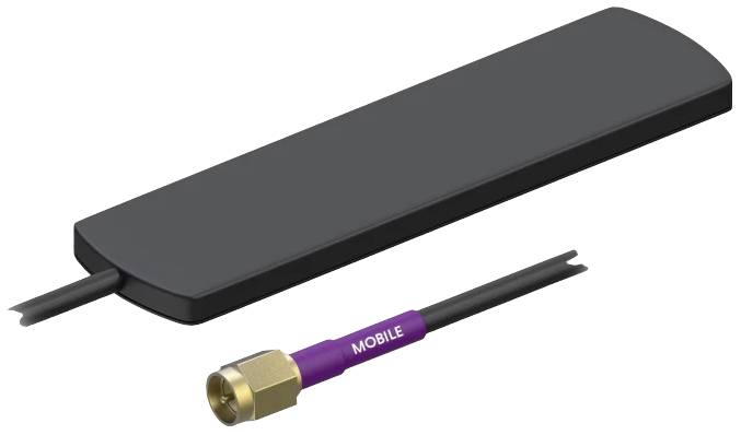 Flat, black antenna with cable and gold connector. Cable is marked with 'MOBILE' lettering.