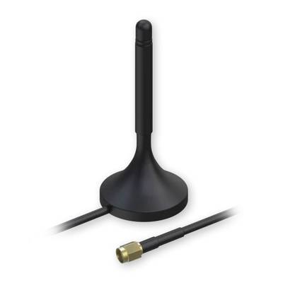 A black aerial with a round base stand and a detachable cable featuring a gold-coloured F-connector. Suitable for wireless connections.
