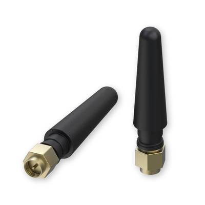 Two black antennae with gold-coloured connectors, positioned vertically and horizontally. They are suitable for wireless communication.