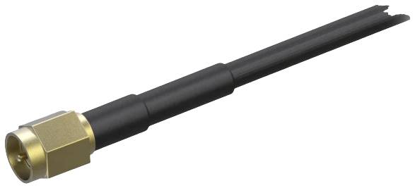 'Black Wi-Fi antenna with gold-coloured connector, suitable for wireless networks and routers, shown in close-up.'