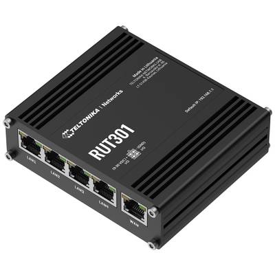 A black network router labelled 'RUT301' with connections for LAN1 to LAN4 and WAN.