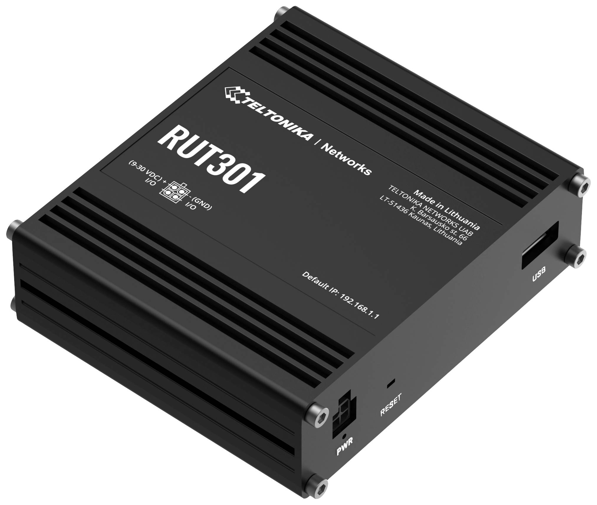 Small black router by 'Teltonika Networks' with model number 'RUT301', supporting LTE, 4G, and featuring a USB port.