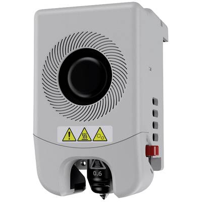 Industrial device with a grey housing and safety warning symbols. Below: black nozzle with inscription '0.6'.