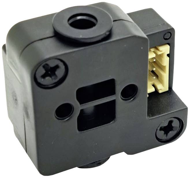 Black, rectangular electronic sensor with screws and yellow connector.