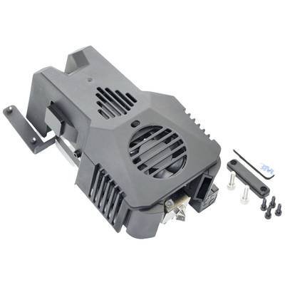 A black and grey enclosure with ventilation slots, a fan, and separate screws, likely a hardware cooling component set.