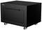 Black rectangular electronic equipment cabinet on wheels with a control panel on the front.