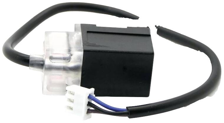 Black and transparent electromagnet with connecting cables, showing a three-pin plug. Suitable for electrical applications.