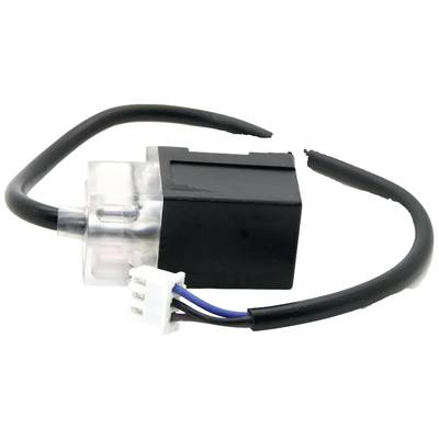 Black and transparent electromagnet with connecting cables, showing a three-pin plug. Suitable for electrical applications.