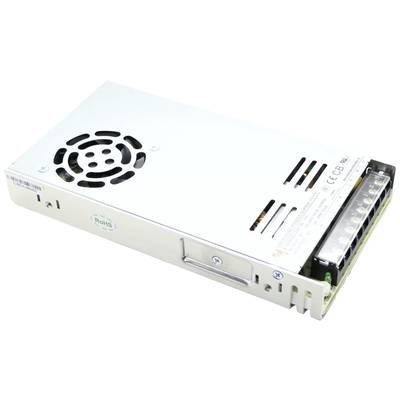 A flat, rectangular metal device with a fan and connection terminals, suitable for power supply in electronic equipment.