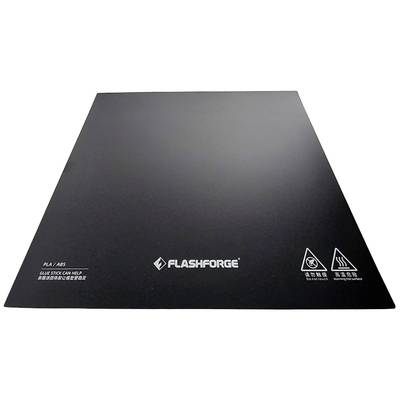 3D printer platform by FlashForge with markers for PLA/ABS usage. Dark, smooth surface with safety symbols.