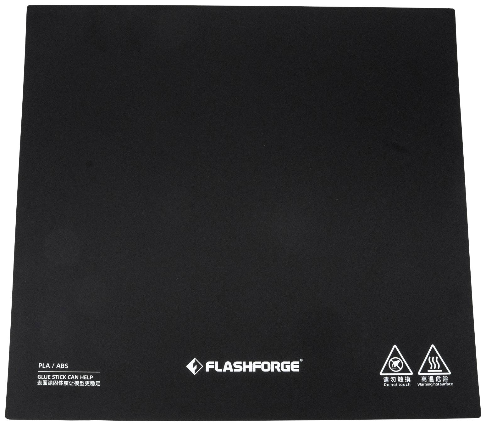 Black 3D printer build plate from FlashForge. Bottom left notes on PLA/ABS compatibility and glue stick usage.