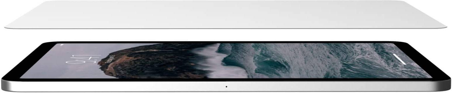 A modern tablet with a landscape image on its screen. It is positioned horizontally with a floating, flat white surface above it.