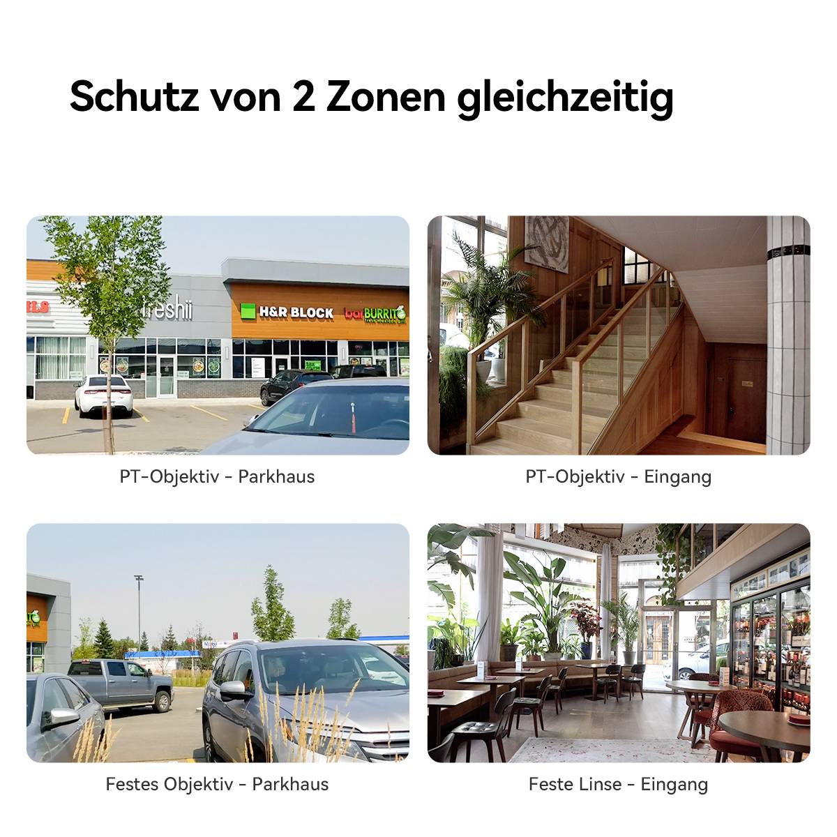 'Protection of 2 zones simultaneously' shows a car park and an entrance with a PT lens in comparison to a fixed lens.