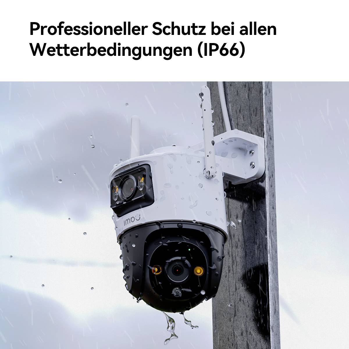 A surveillance camera in the rain, mounted on a pole. Label at the top: 'Professional protection in all weather conditions (IP66)'.