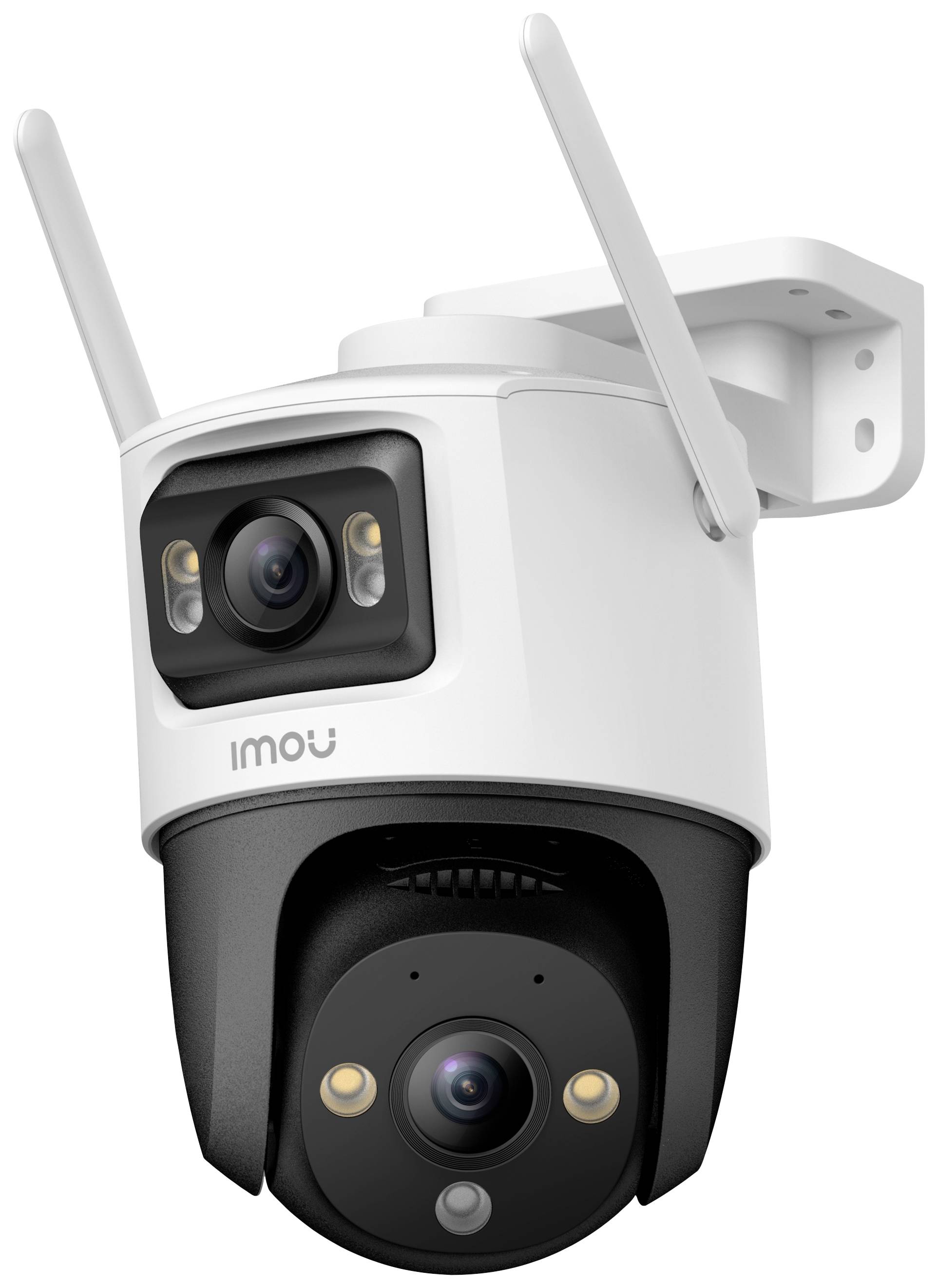 A white surveillance camera with two lenses and Wi-Fi antennae, suitable for external monitoring.