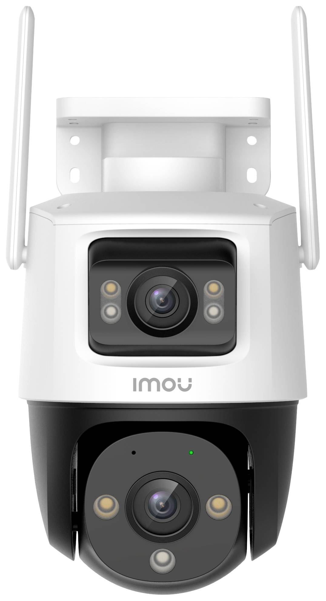 White and black surveillance camera with two lenses and two aerials, brand name 'Imou' on the front.