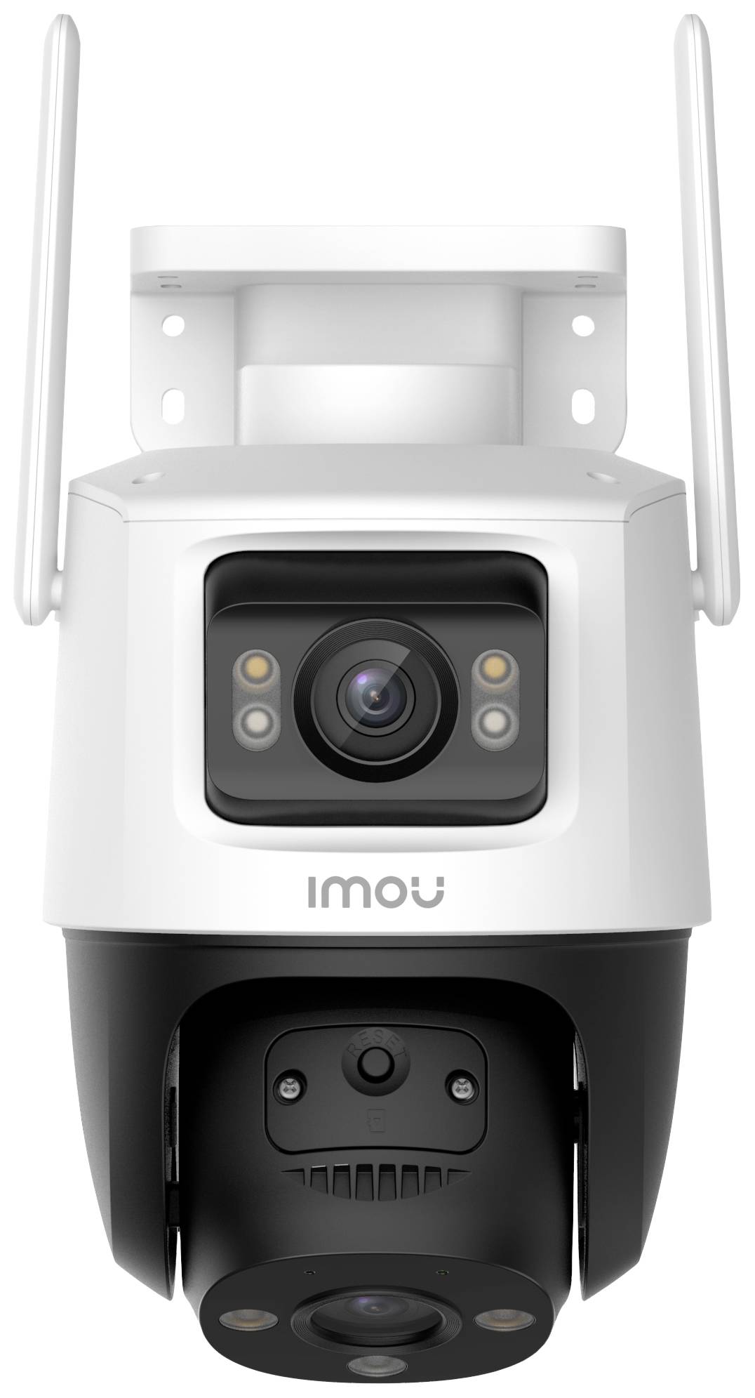 A white surveillance camera with two aerials, marked with 'Imou'. It has a large lens at the top and a smaller one at the bottom.